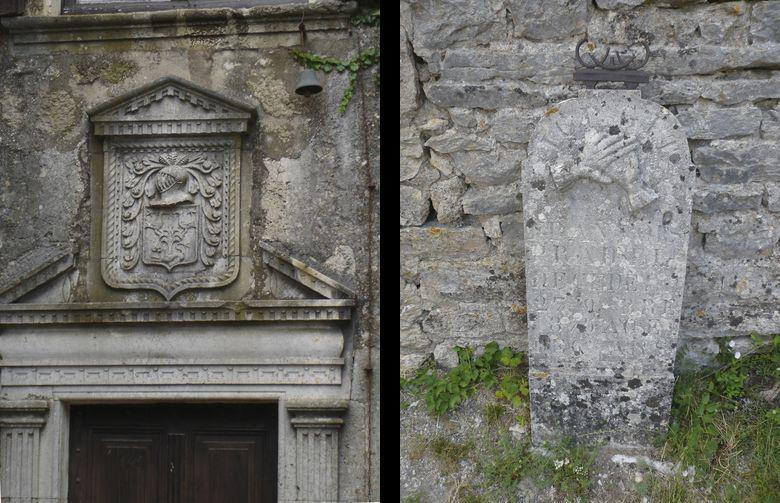A gauche : Armoiries sur le fronton de la porte de la Maison des Grailhe de La Couvertoirade<br>A droite : Stèle du cimetière de la Couvertoirade (Aveyron) - tombe de Pradel François