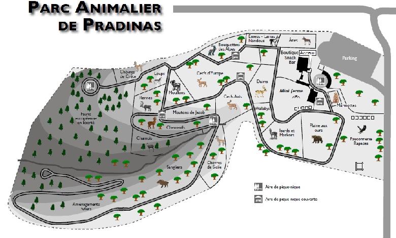 Plan du parc animalier de Pradinas. 5000 m2 de Mini ferme, Boutique, Aire de jeux, Snack, Aire de pique nique. <br>Situé entre Rodez et Villefranche (à 6kms de Rieupeyroux).