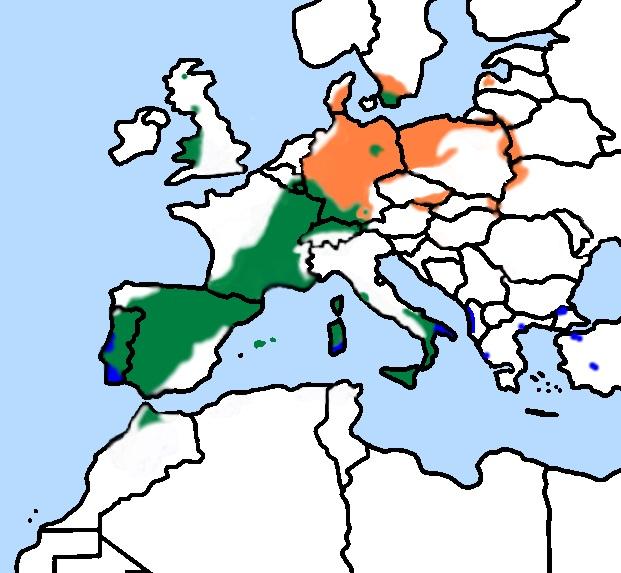 Aire de répartition du Milan Royal : En vert : zone d'habitat permanent ; en orange : zone d'estivage ; en bleu : zone d'hivernage.
