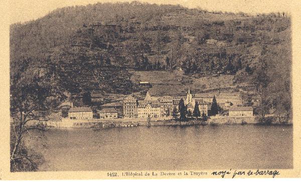 Hôpital de la Devèze, noyé par le barrage de Sarrans<br>Carte écrite le 16 juin 1934